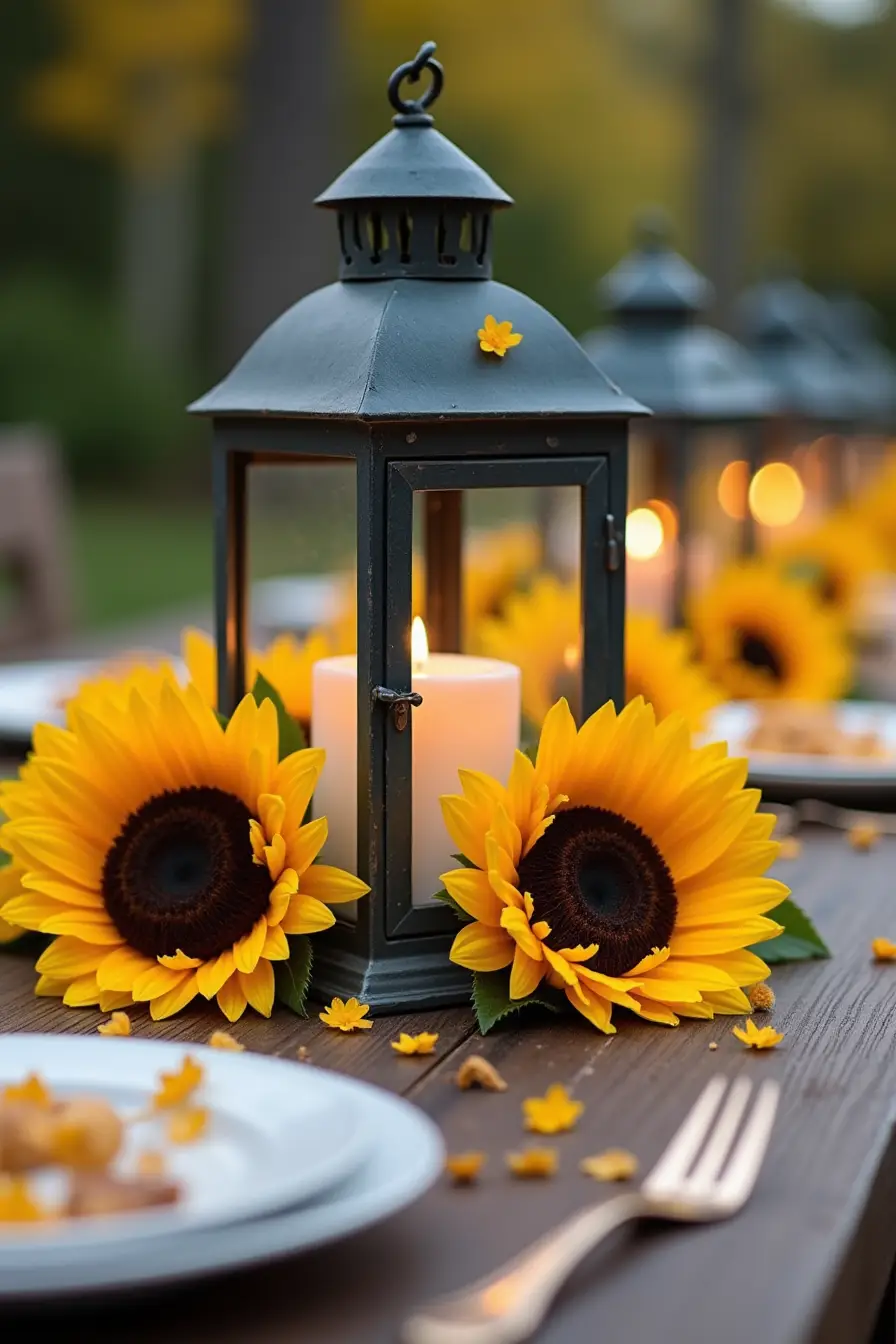 14 sunflower wedding centerpieces ideas - sunflower lantern centerpiece