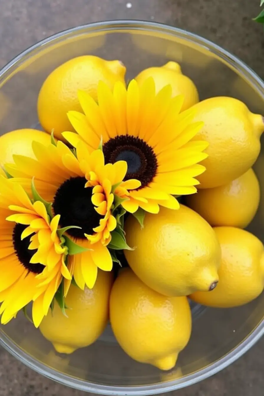 14 sunflower wedding centerpieces ideas - sunflowers and lemons centerpiece