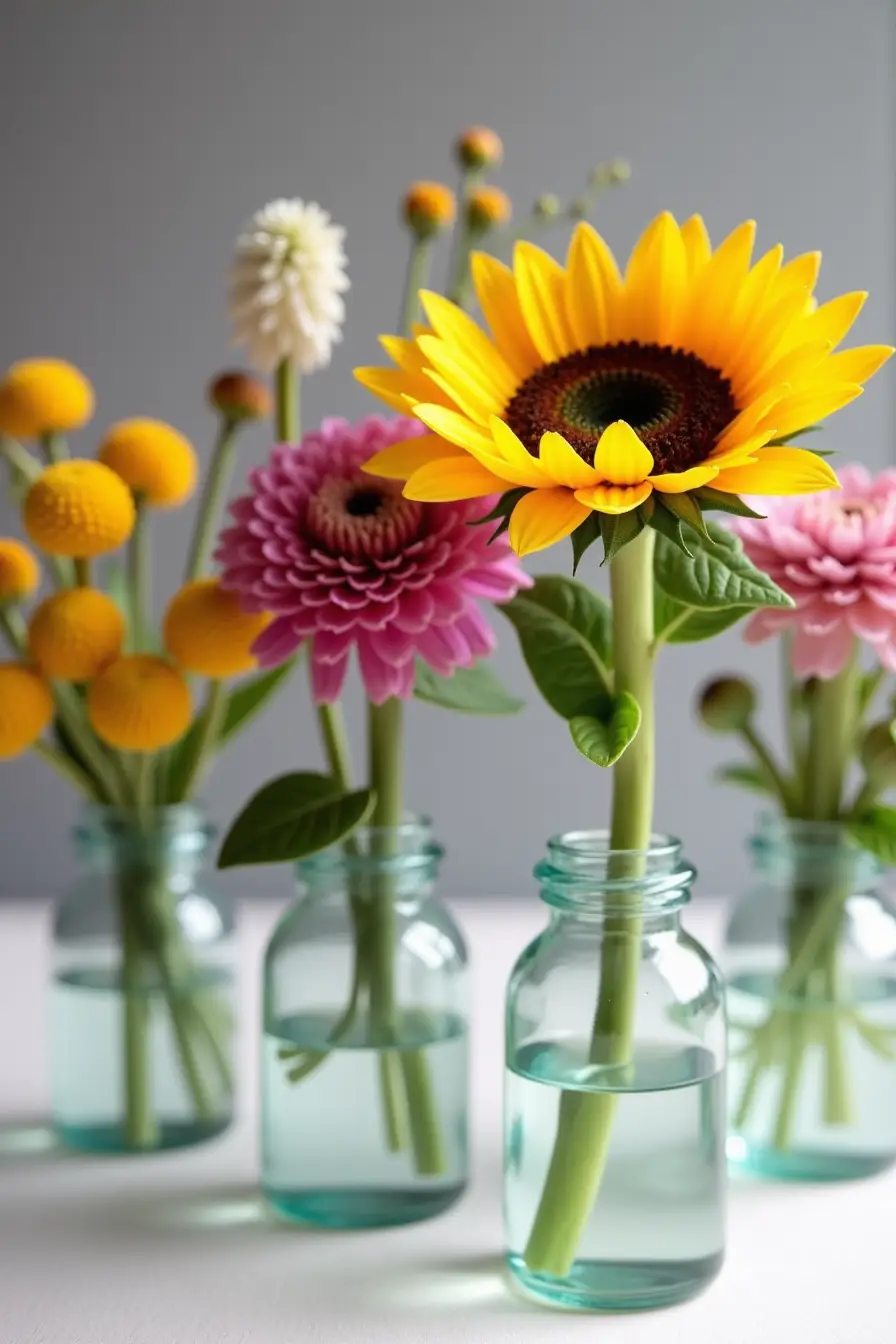 14 sunflower wedding centerpieces ideas - bright wildflower bud vases