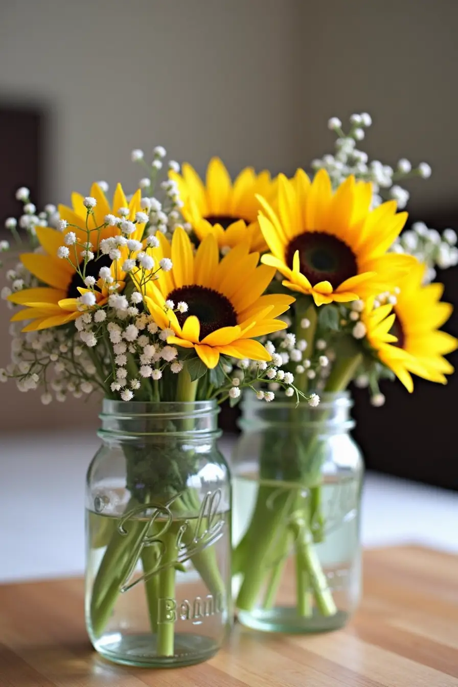 14 sunflower wedding centerpieces ideas - rustic mason jar sunflower centerpiece