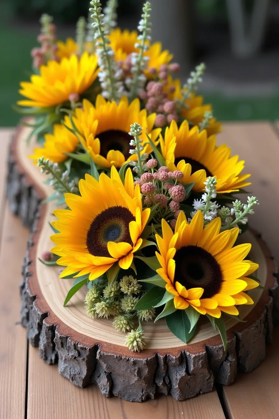 14 sunflower wedding centerpieces ideas - fall wildflowers, sunflower on diy wooden slab centerpieces