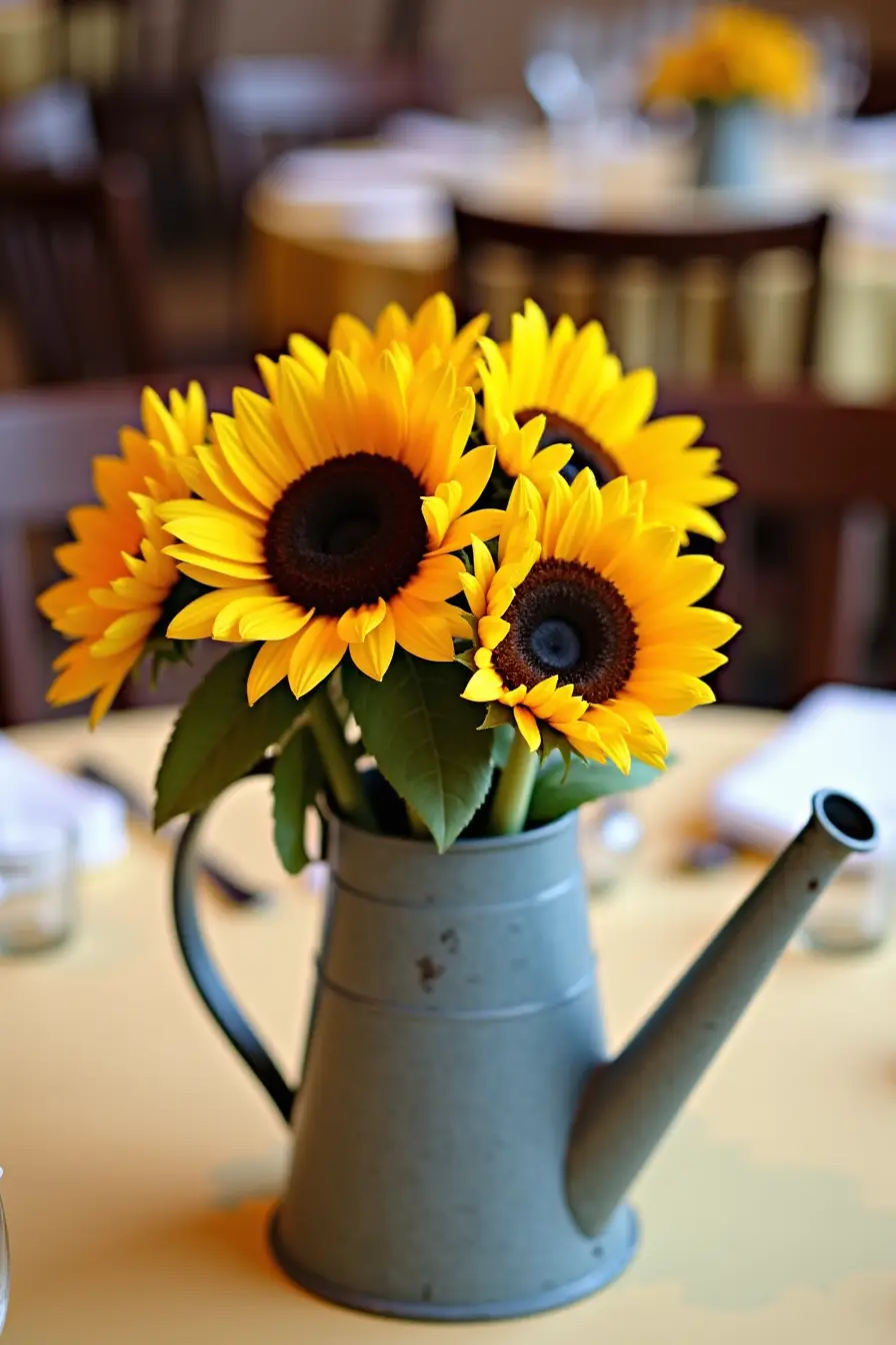 14 sunflower wedding centerpieces ideas - sunflower watering can centerpieces