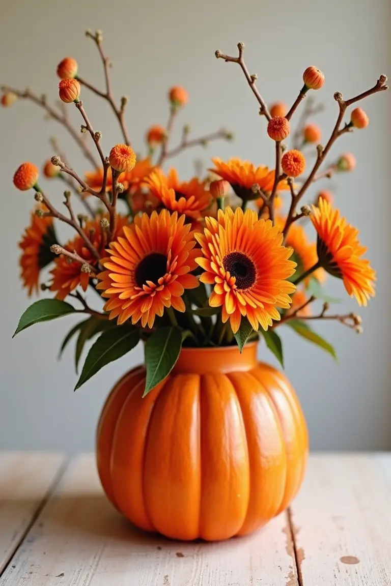 17 fall wedding table decor ideas - pumpkin vase arrangements