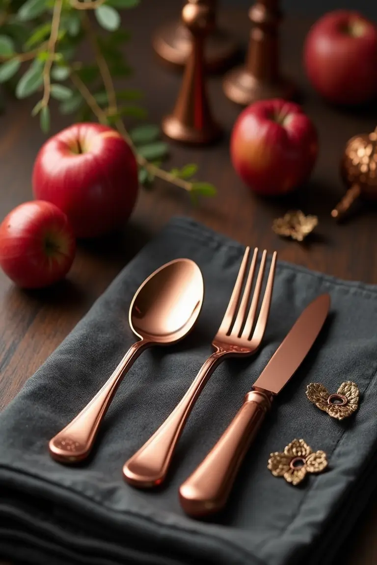 17 fall wedding table decor ideas - copper cutlery and accents
