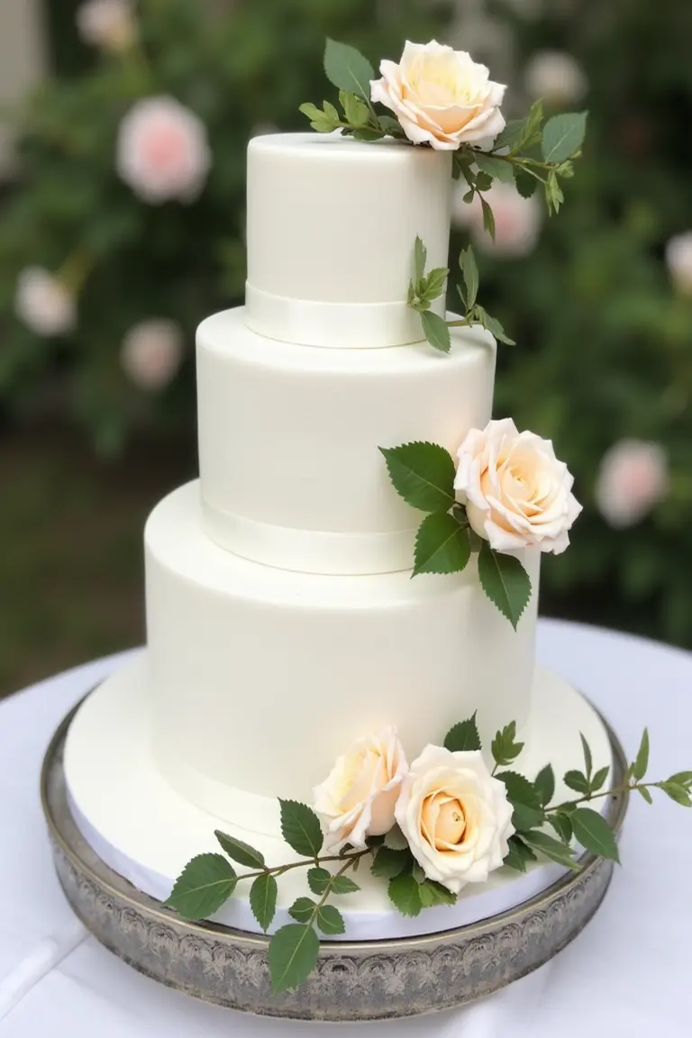 24 floral wedding cakes - simple white wedding cake with roses and greenery