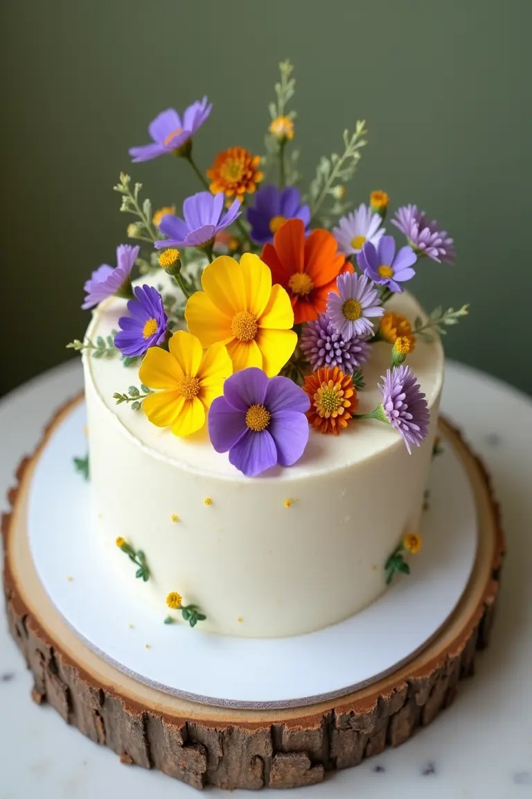 24 floral wedding cakes - small white cake with colorful wildflowers