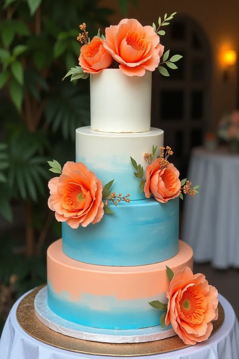 24 floral wedding cakes - unique blue and orange wedding cake