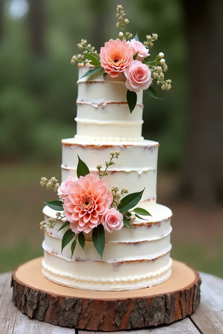 24 floral wedding cakes - rustic wedding cake with rose and dhalia