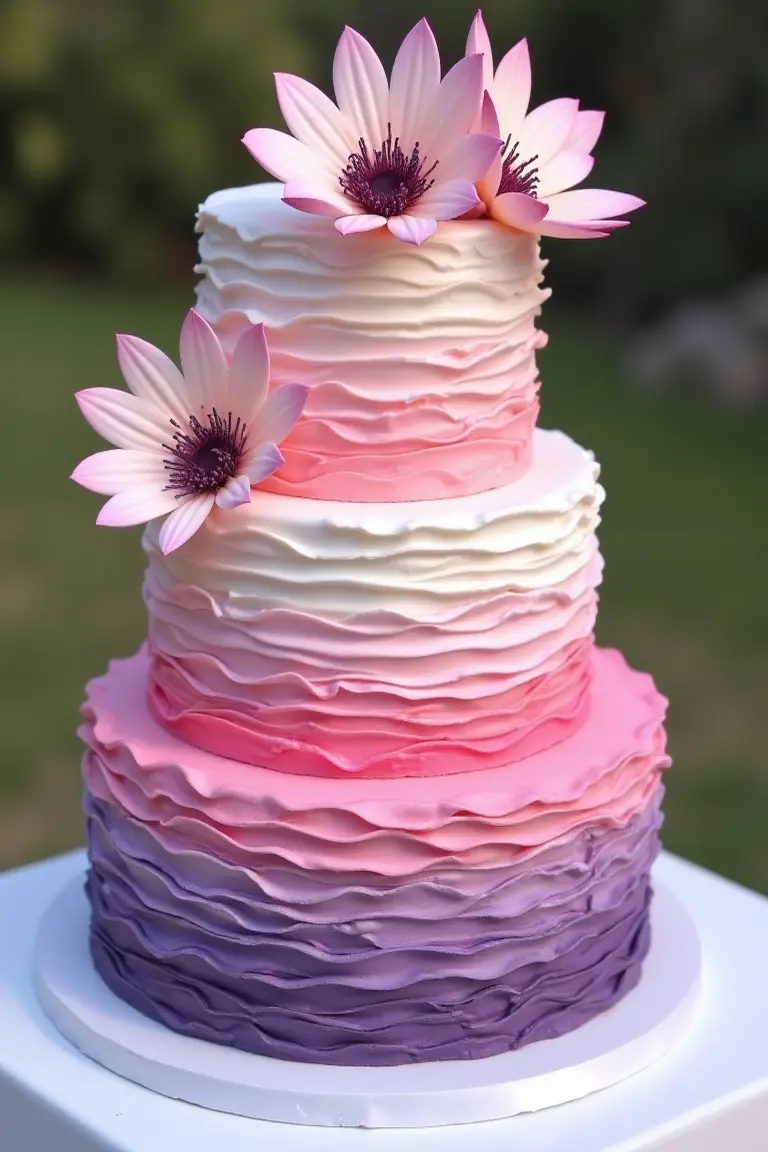 24 floral wedding cakes - pink and purple wedding cake with coordinating blooms