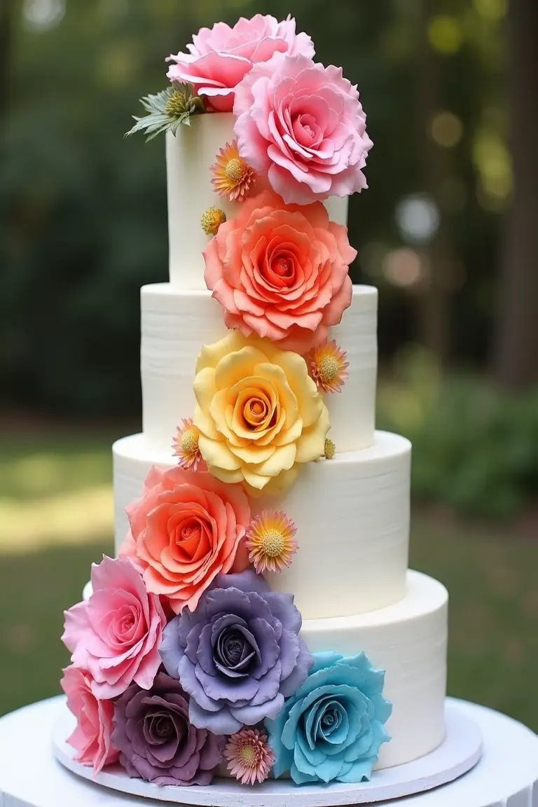 24 floral wedding cakes - simple wedding cake with rainbow ombre flowers