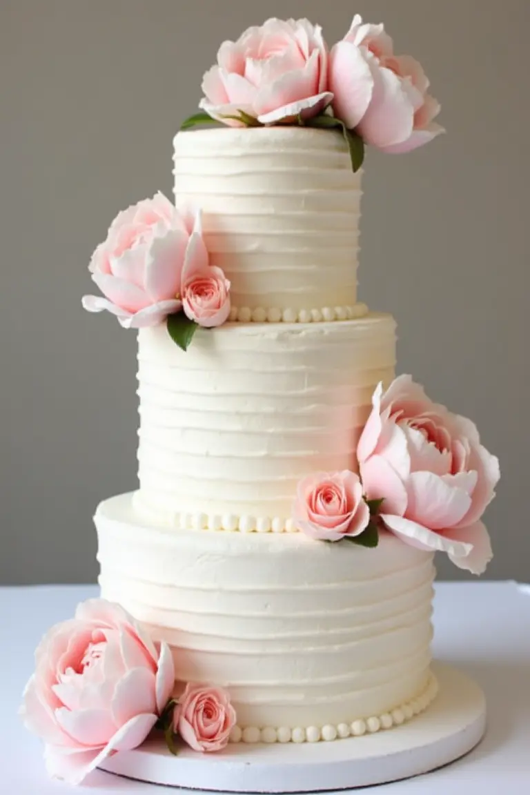 24 floral wedding cakes - white wedding cake with pink roses and peonies