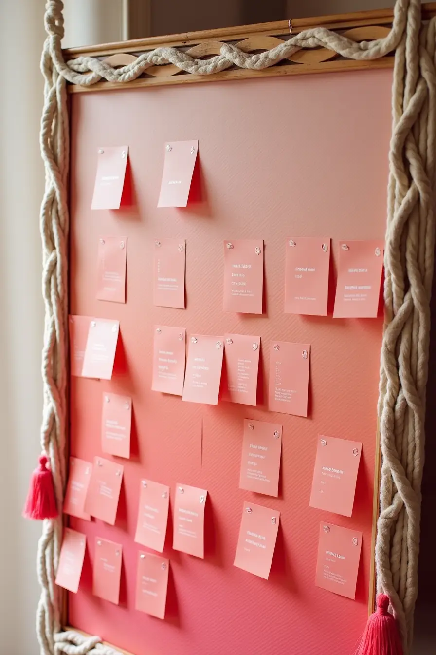 25 boho wedding decor ideas - pink and coral boho wedding escort card display