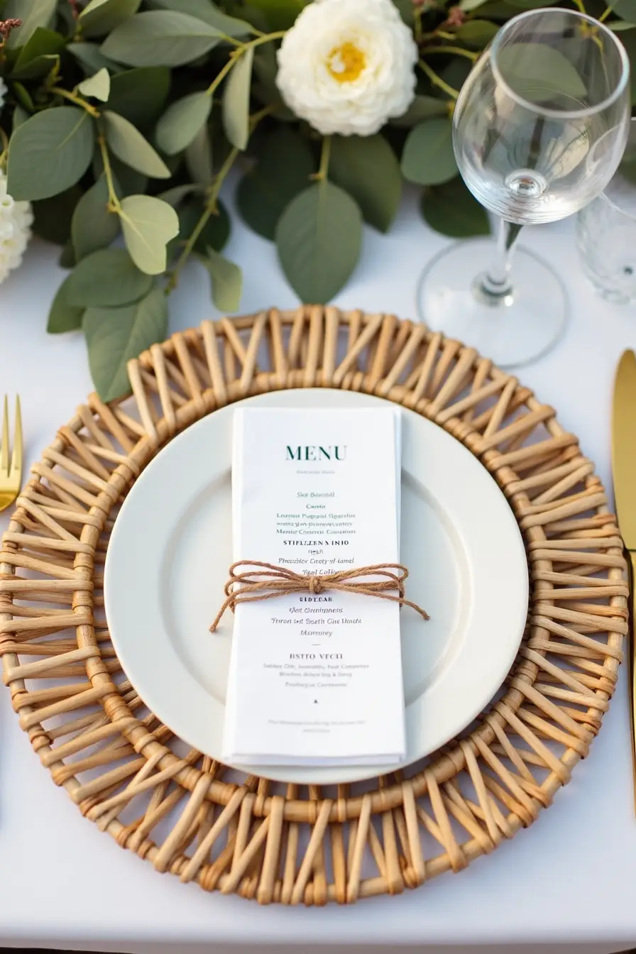 25 boho wedding decor ideas - rattan boho wedding place setting