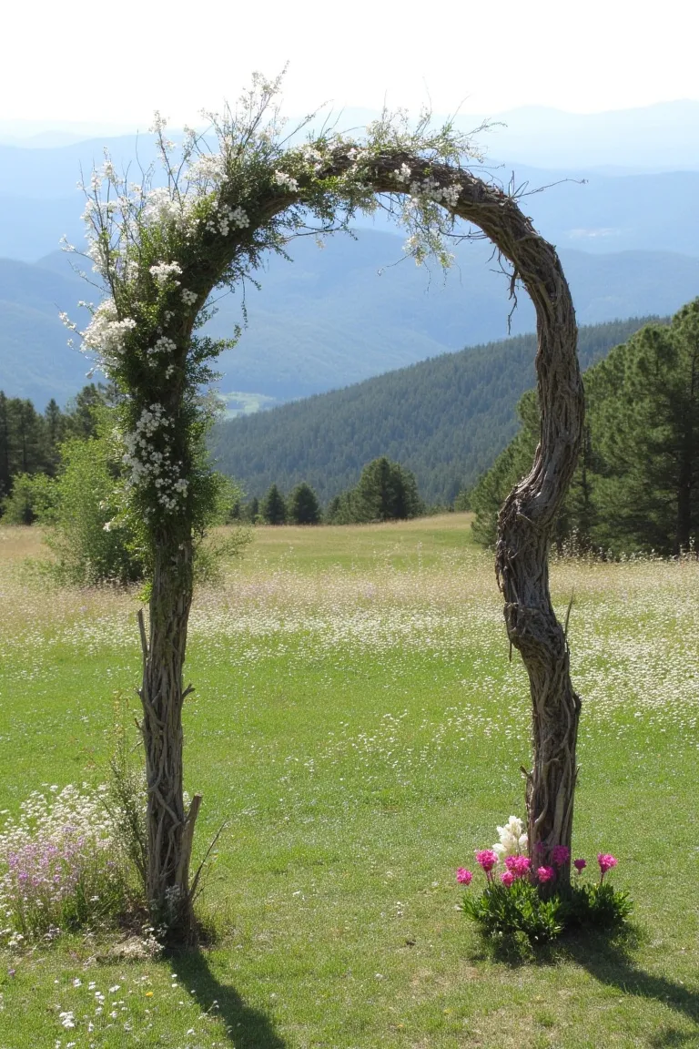 Arch Made From Tree Branches, Surrounded by Wildflowers