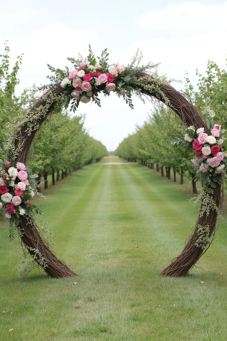 Circular Floral Arch Made From Twigs and Blooms