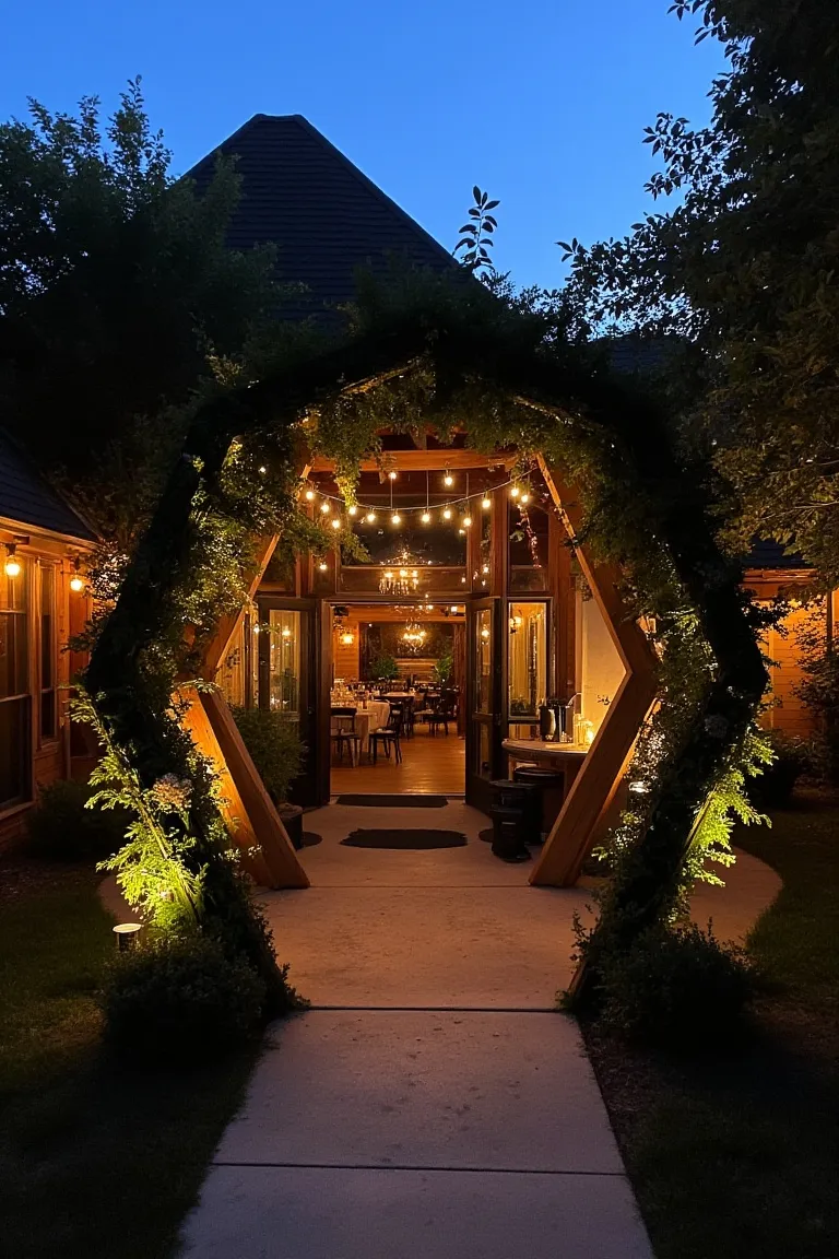 Hexagon-Shaped Wooden Arch With Greenery and Lights