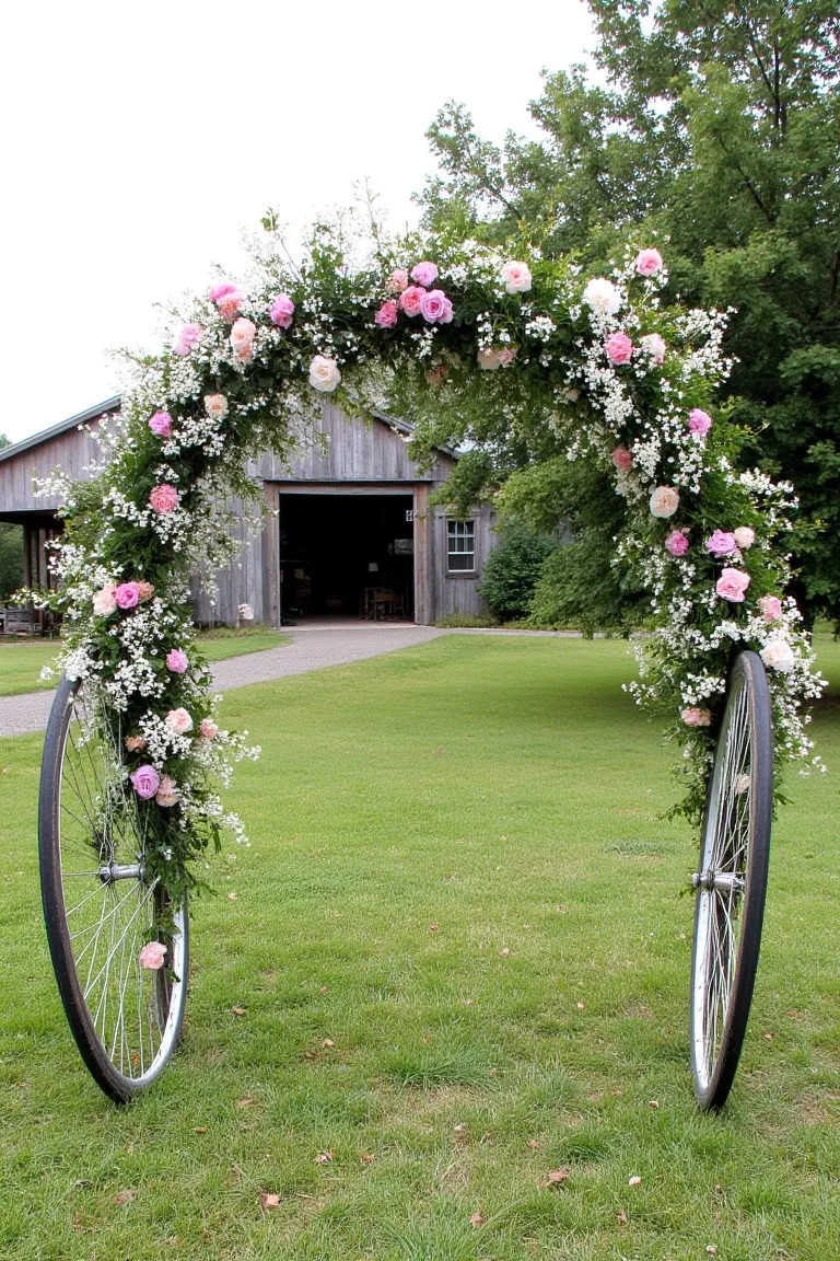 Vintage Bicycle Wheel Arch Adorned With Flowers