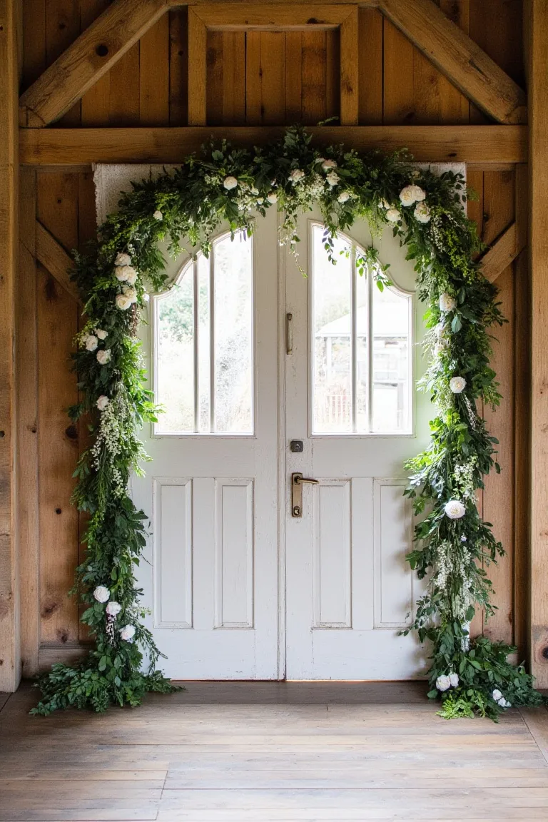 Vintage Door Arch Decorated With Greenery and Lace