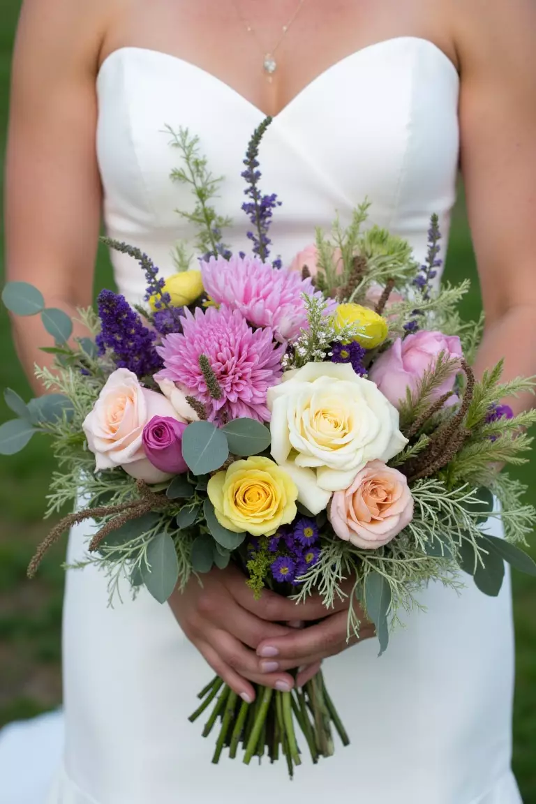 Peonies and Wildflowers A photo of a DIY bride-made bouquet featuring a mix of wildflowers, foraged greens, and store-bought blooms in pink, purple, cream, and yellow