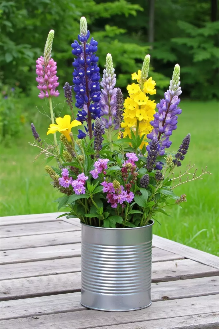 Wildflower Bouquet in a Tin Can A photo of a simple tin can filled with assorted wildflowers including purple lupine and yellow solidago, placed on a picnic table surrounded by greenery.