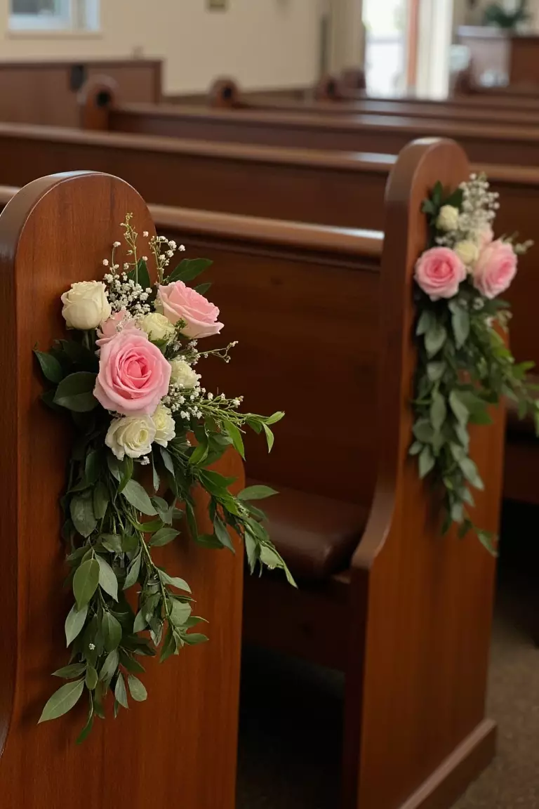 Pink-Rose Pew Bouquets A photo of church pews decorated with small bouquets of pink roses and cascading greenery