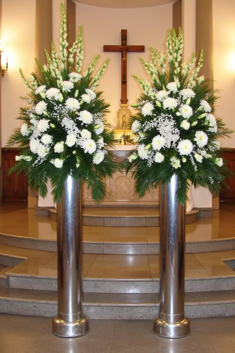 Elevated Flower Arrangements A photo of tall white and green flower arrangements on chrome pedestals flanking a church altar