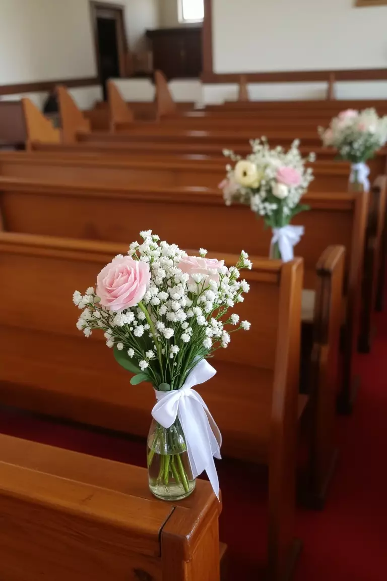 Minimalist Pew Bouquets A photo of church pews with small glass vases holding dainty flower bouquets tied with white ribbons