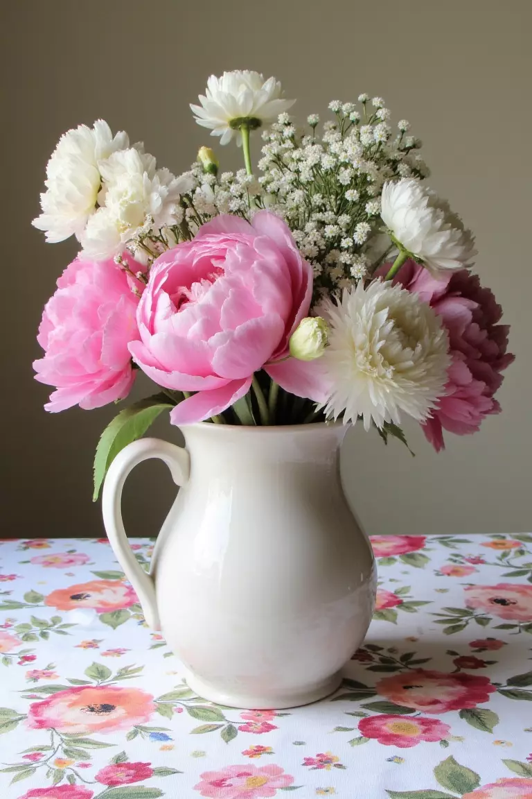 Garden Delight Wildflower Centerpiece A photo of a ceramic pitcher overflowing with peonies, snapdragons, and chamomile on floral tablecloths