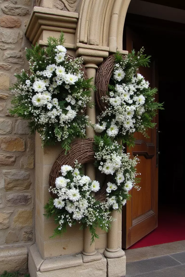 Wicker Floral Wreath A photo of wicker wreaths adorned with white flowers decorating a church entrance