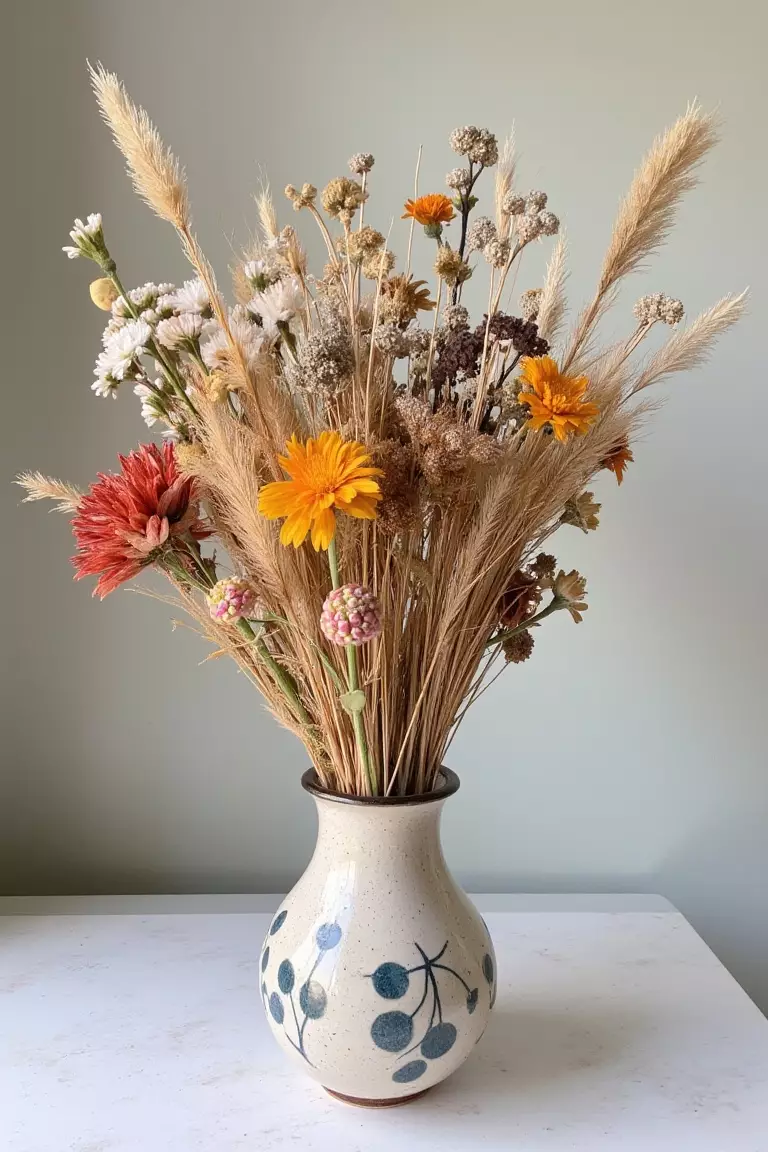 Dried Wildflower Arrangement A photo showcasing dried wildflowers artfully arranged in a decorative vase for long-lasting beauty throughout the seasons.