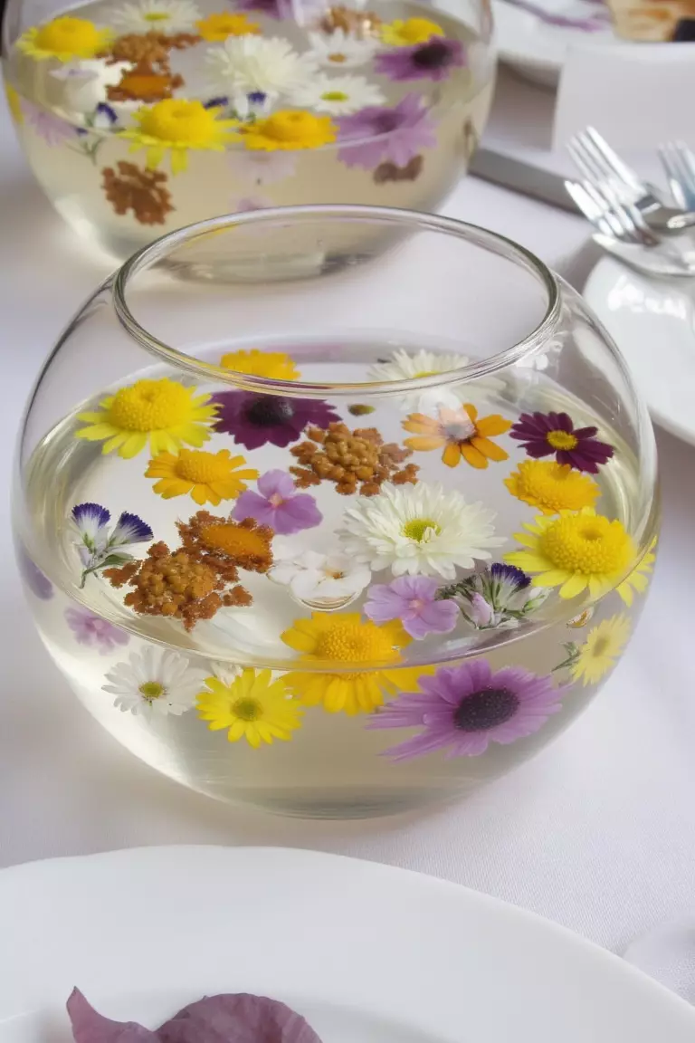 Floating Wildflower Centerpiece A photo of wildflowers floating in water within a clear glass bowl, creating an ethereal centerpiece for special occasions.