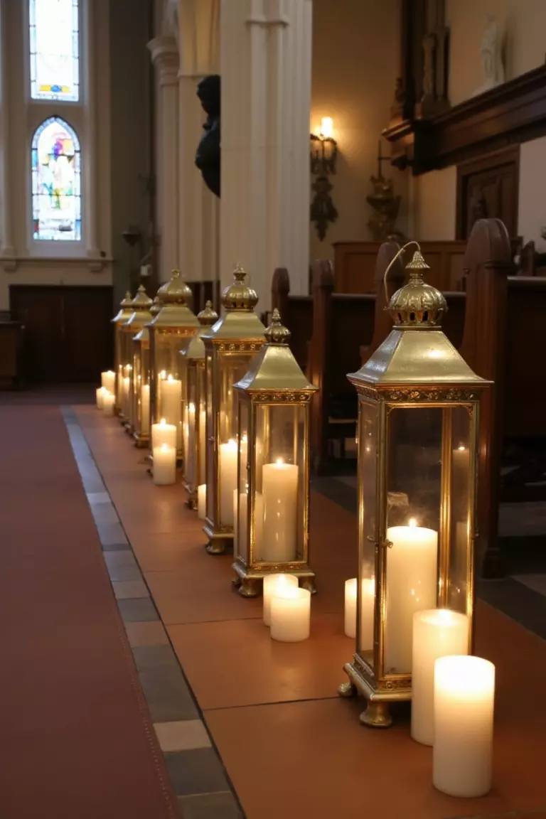 Gold Aisle-Lining Lanterns A photo of antique gold lanterns of varying sizes lining a church aisle