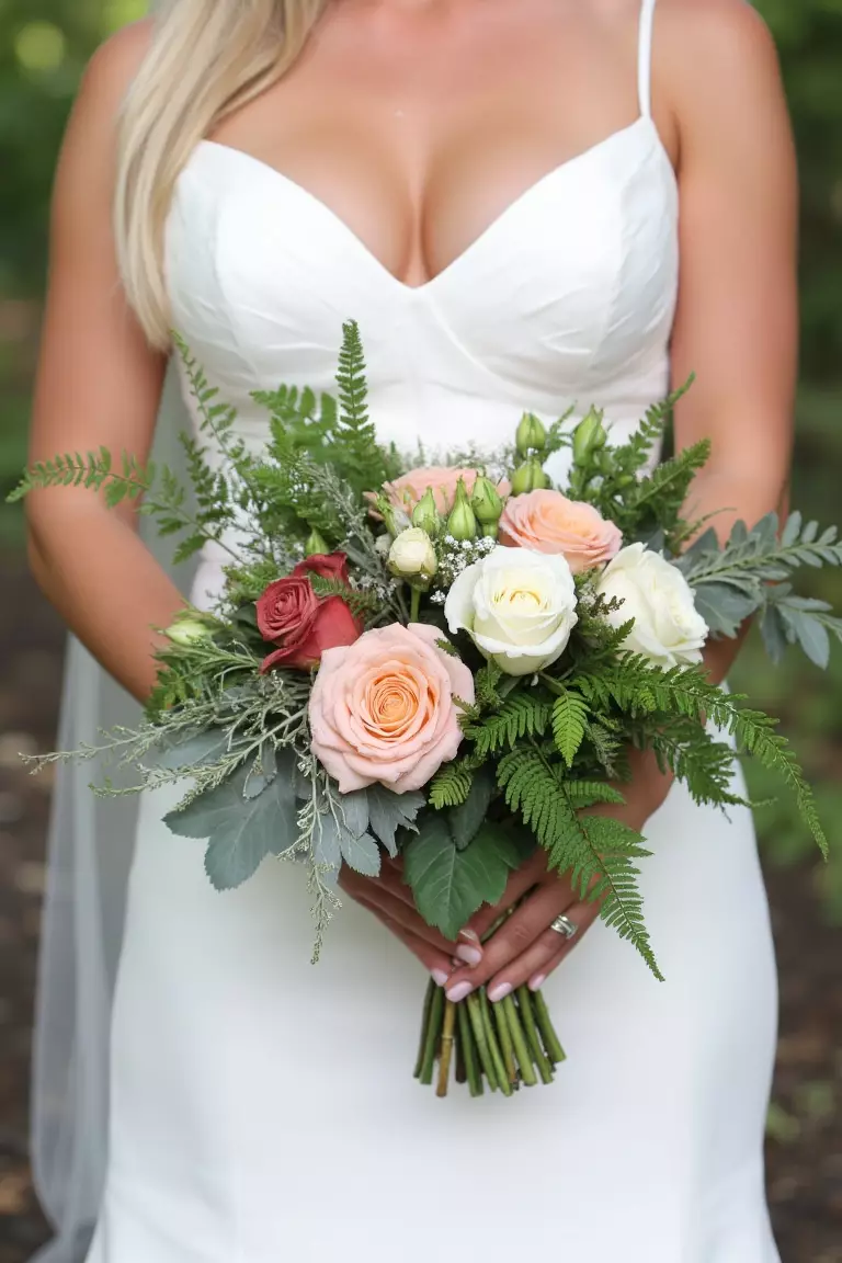 Ferns and Roses A photo of a bride holding a small, forest-inspired bouquet of tea and garden roses, ferns, and vines