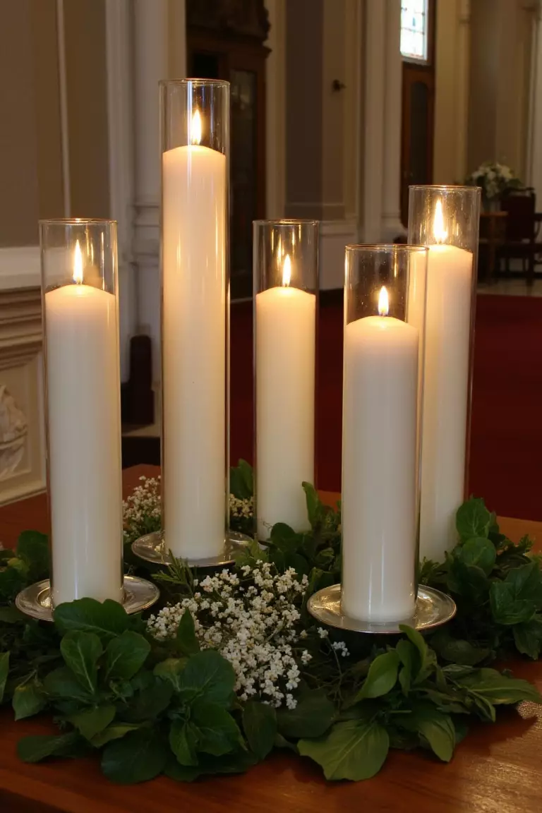 Modern Candles and Greenery A photo of sleek glass-encased pillar candles of varying heights with greenery bases in an ornate chapel