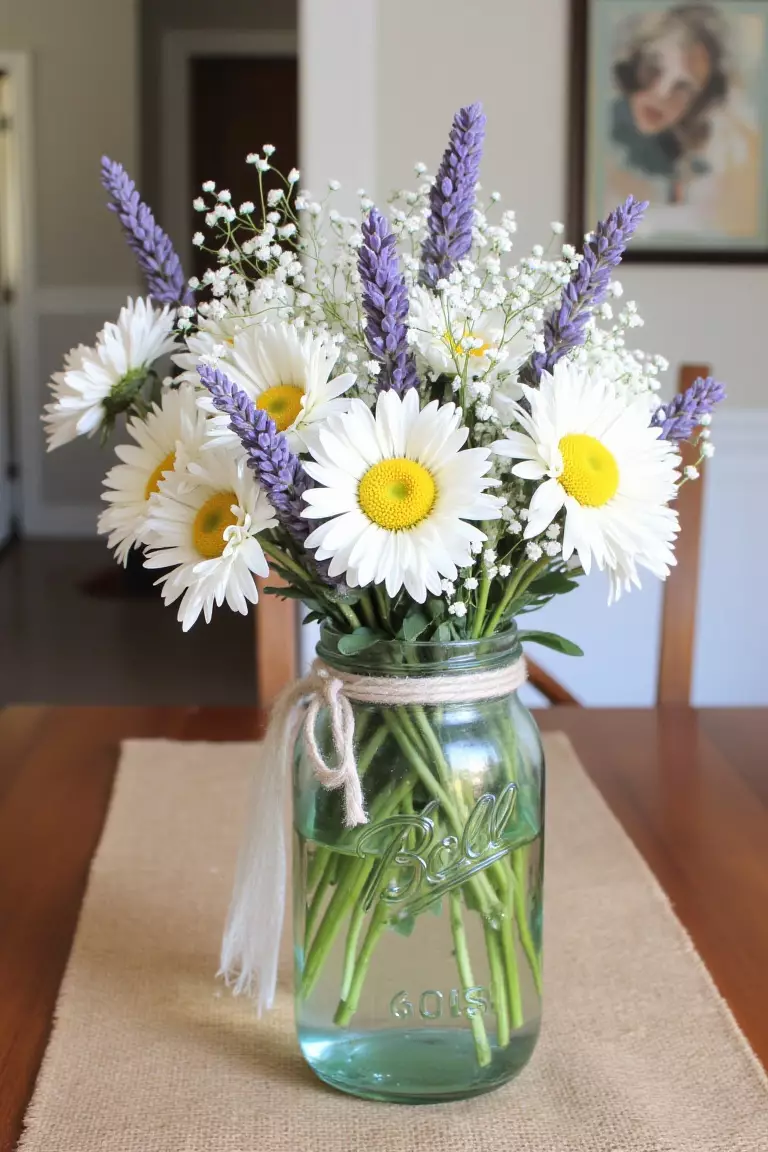 Rustic Charm Wildflower Centerpiece A photo of a mason jar filled with daisies, lavender, and baby's breath on a burlap runner
