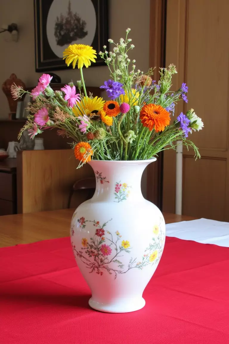 Vintage Love Of Wildflowers Centerpieces A photo of a porcelain vase with wildflowers on a red table runner