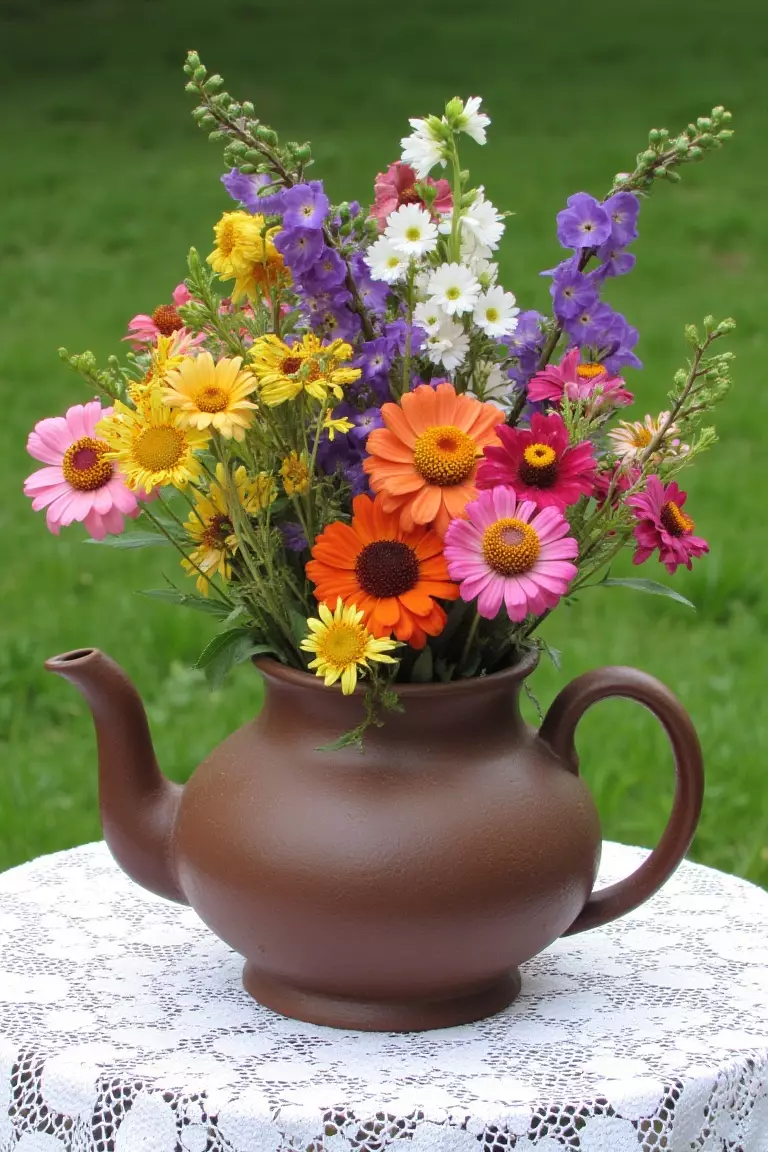 Vintage Teapot Centerpiece A photo of an antique teapot overflowing with colorful wildflowers such as sweet peas and zinnias, set against a lace tablecloth for a nostalgic touch.