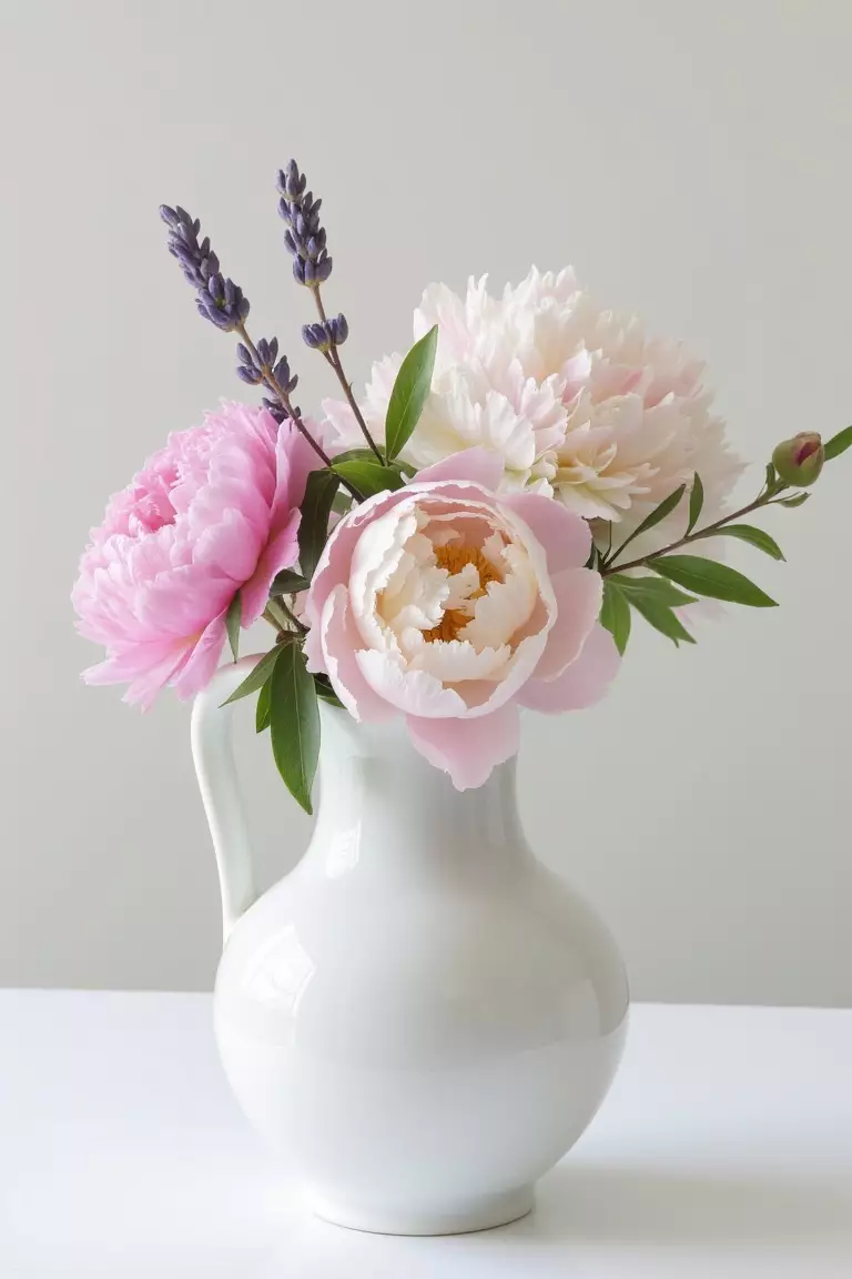 Pastel Wildflower Arrangement A photo of soft pastel-colored wildflowers such as peonies and lavender arranged in a delicate porcelain vase for an elegant touch.
