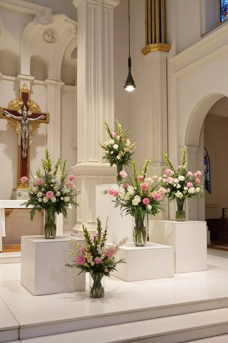 Geometric Pedestal Arrangements A photo of flower arrangements suspended on minimalist geometric pedestals around a church altar