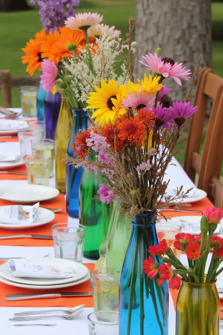 Bright and Bold Wildflower Centerpiece A photo of colorful wildflowers in multicolored glass bottles with bright table settings