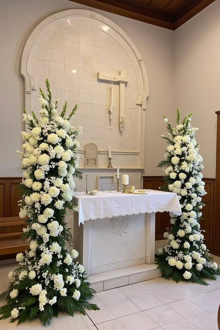 Full-White Altar Flowers A photo of a church altar with two large, lush white flower arrangements on either side