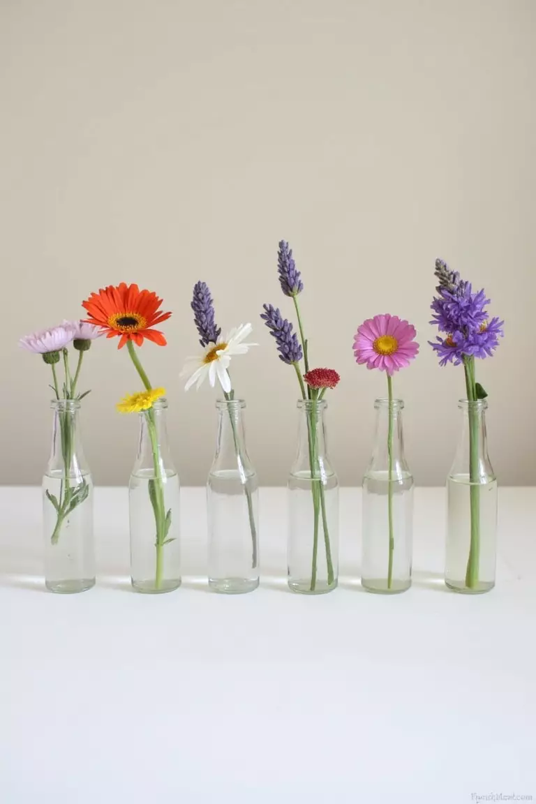 Simple Wildflower Bud Vases A photo of small bud vases lined up on a table, each containing single stems of vibrant wildflowers like gerbera daisies and lavender for a minimalist look.