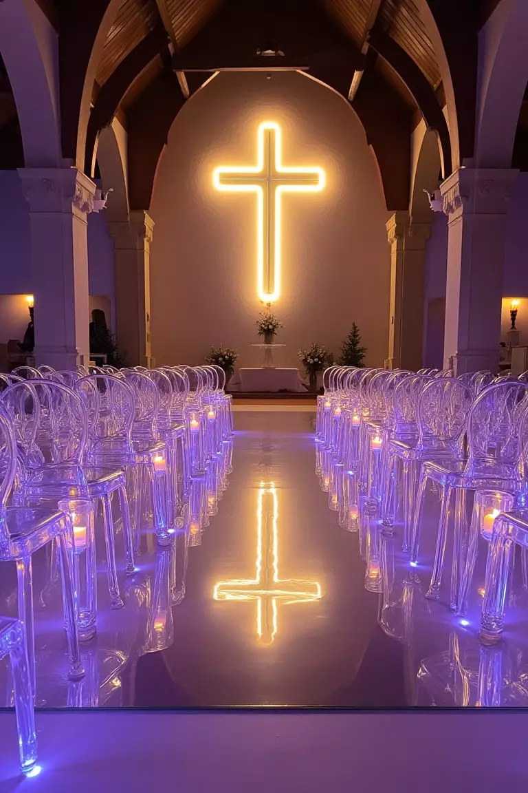 Glass, Mirror and Neon Accents A photo of a modern church wedding setup with ghost chairs, a mirrored aisle, clear candles, and neon cross lighting
