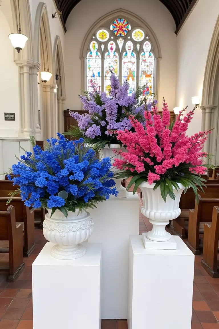 Jewel-Toned Florals A photo of bold flower arrangements in peacock blue, hot pink, and lavender on white pedestals in a church