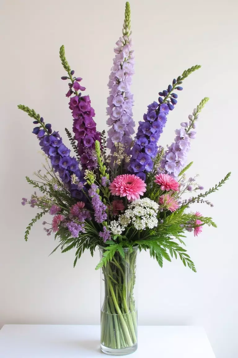 A photo of an elegant arrangement featuring cascading wildflowers such as delphiniums and foxgloves in a tall glass vase for dramatic flair.