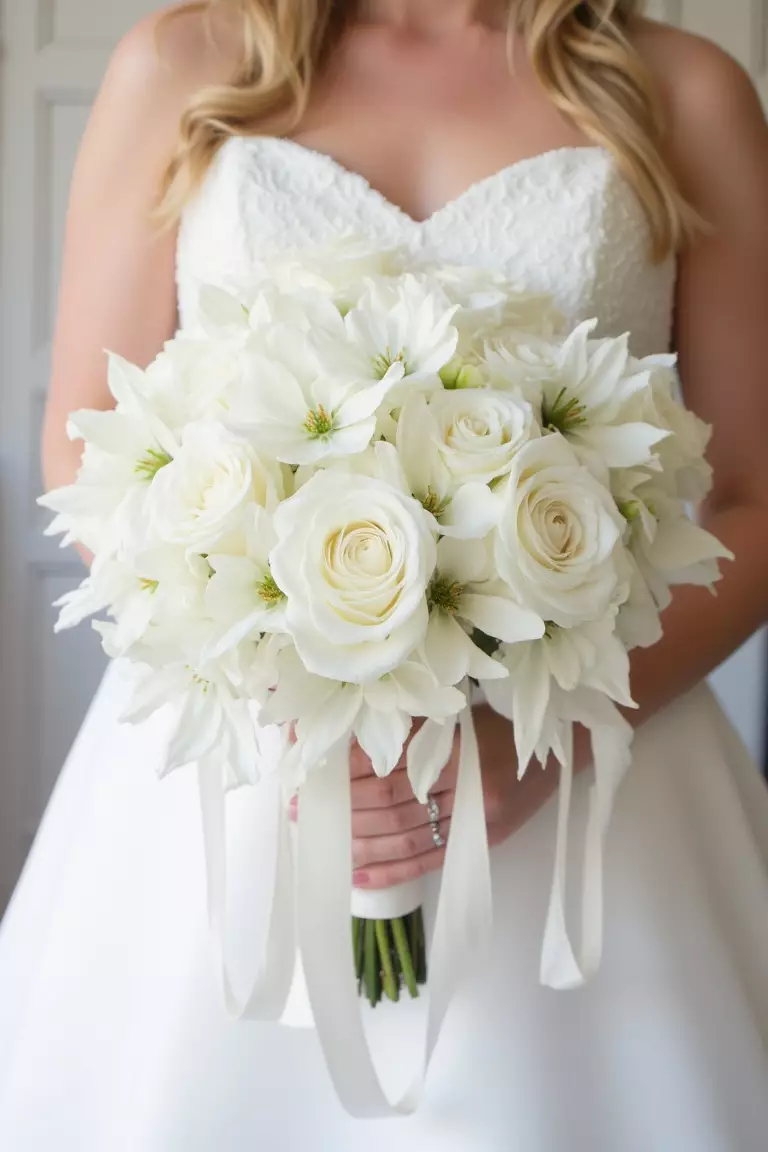 A photo of a bride holding an all-white bouquet of dogwood and roses surrounded by soft strands of silk ribbon, reminiscent of the Southern upbringing