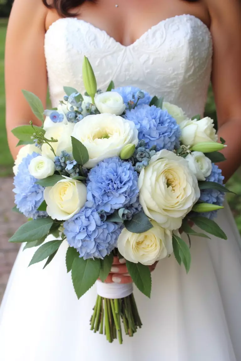 Tulips and Ranunculus A photo of a bride holding a lush spring bouquet featuring tulips, ranunculus, and sweet pea with pops of blue among creamy white blooms