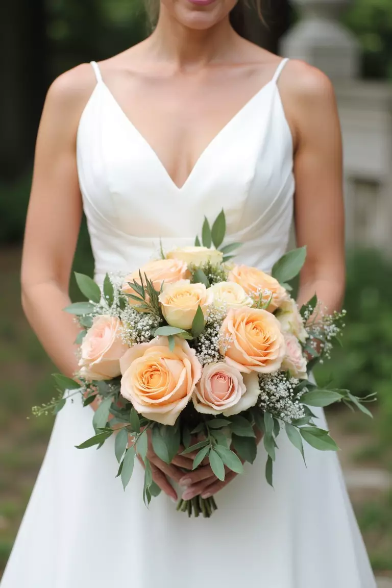 Garden Roses and Greens A photo of a bridesmaid holding a bouquet of peach garden roses and greens