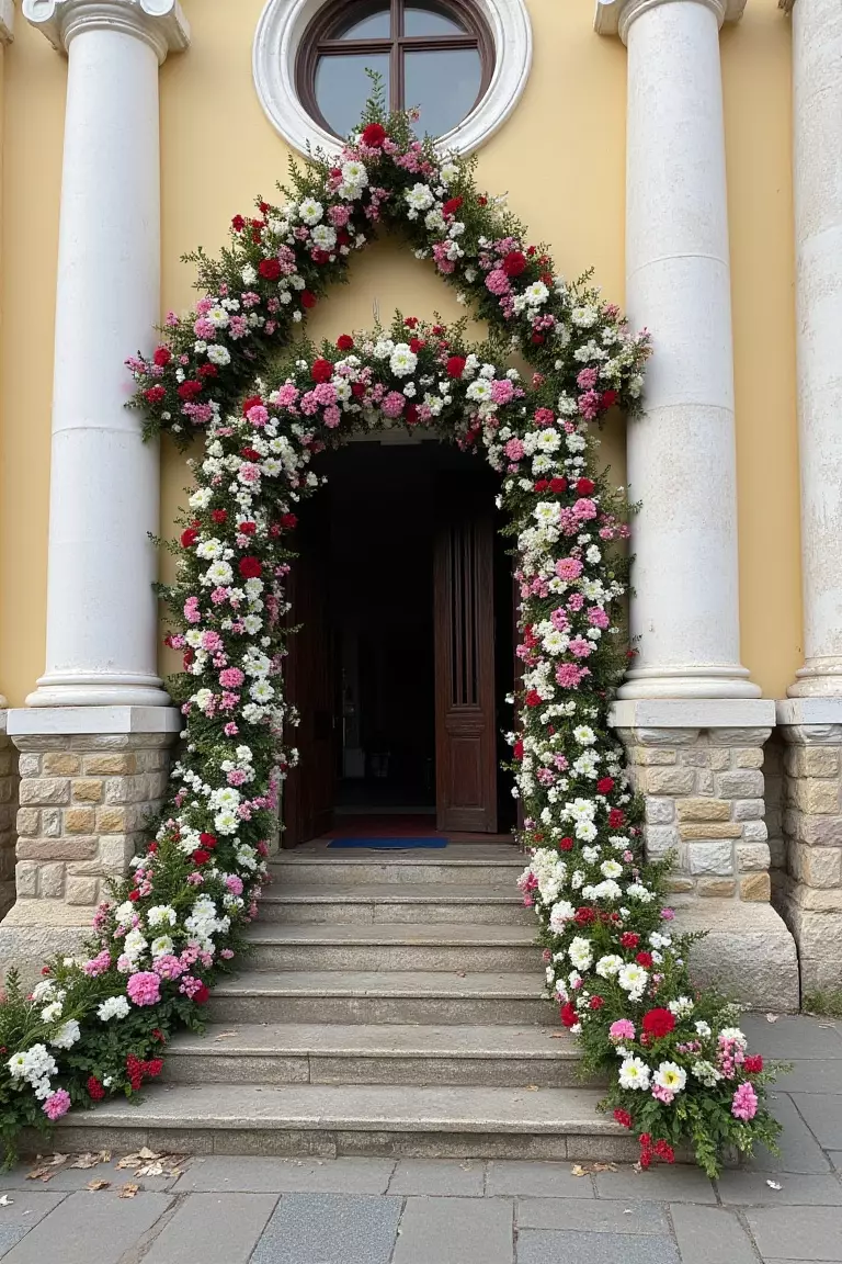 Pillar and Staircase Entrance Decorations A photo of a church pillar wrapped in flowers, with floral decorations continuing over the doorway and down the stairs