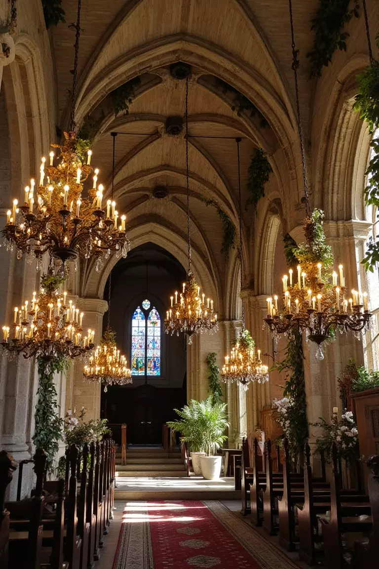 Greenery Chandelier Crowns A photo of chandeliers in a stone church adorned with sprays of leaves and vines